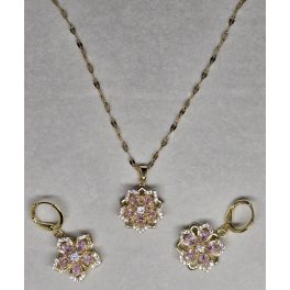   Aranyszínű forgóvirágos nyaklánc-fülbevaló szett rózsaszín kővel