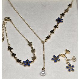   Aranyszínű kék virágos nyaklánc-karlánc-fülbevaló szett