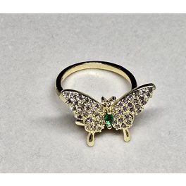   Állítható méretű aranyszínű pillangós gyűrű, középen zöld kővel