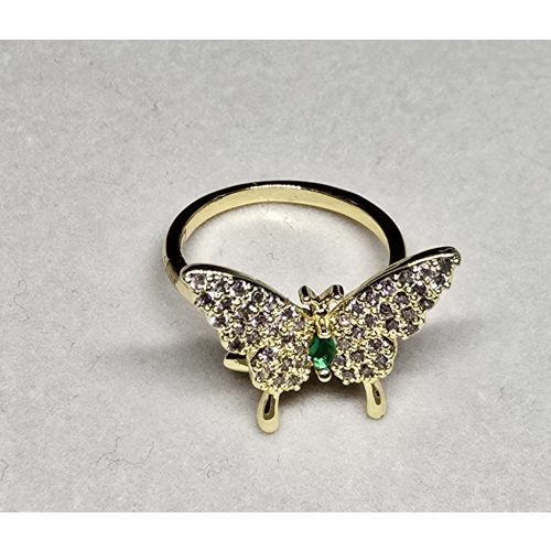 Állítható méretű aranyszínű pillangós gyűrű, középen zöld kővel