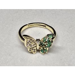  Állítható méretű aranyszínű pillangós gyűrű, zöld-átlátszó köves szárnyakkal 1. típus