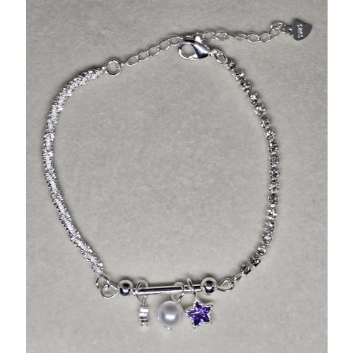 925-ös ezüst, csillagos-gyöngyös karlánc, lila kővel