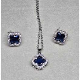   Ezüstszínű elegáns lóherés nyaklánc-fülbevaló szett, sötétkék kővel