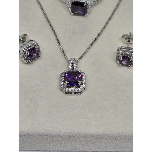 Ezüst, lila köves szett, állítható méretű gyűrűvel