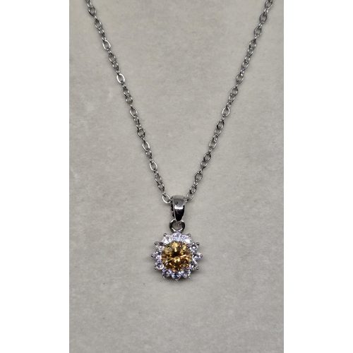 Ezüstszínű nyaklánc, virágmintás medállal, aranyszínű kővel