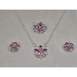   Ezüst, rózsaszín virágos fülbevaló-nyaklánc-állítható gyűrű szett