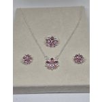 Ezüst, rózsaszín virágos fülbevaló-nyaklánc-állítható gyűrű szett