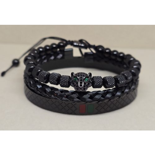 Fekete színű, párducfej díszítésű, 3 részes karkötő szett