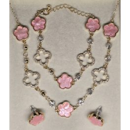   Ötlevelű lóherés arany-rózsaszín, köves karlánc-nyaklánc-fülbevaló szett