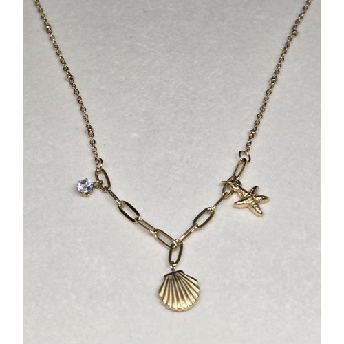 Nyaralási témájú, kagyló-kő-csillag charmos, aranyszínű nyaklánc