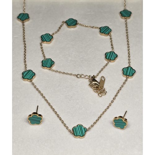 Vintage 5 szirmú fülbevaló-nyaklánc-karkötő szett zöld