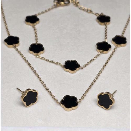 Vintage 5 szirmú fülbevaló-nyaklánc-karkötő szett fekete